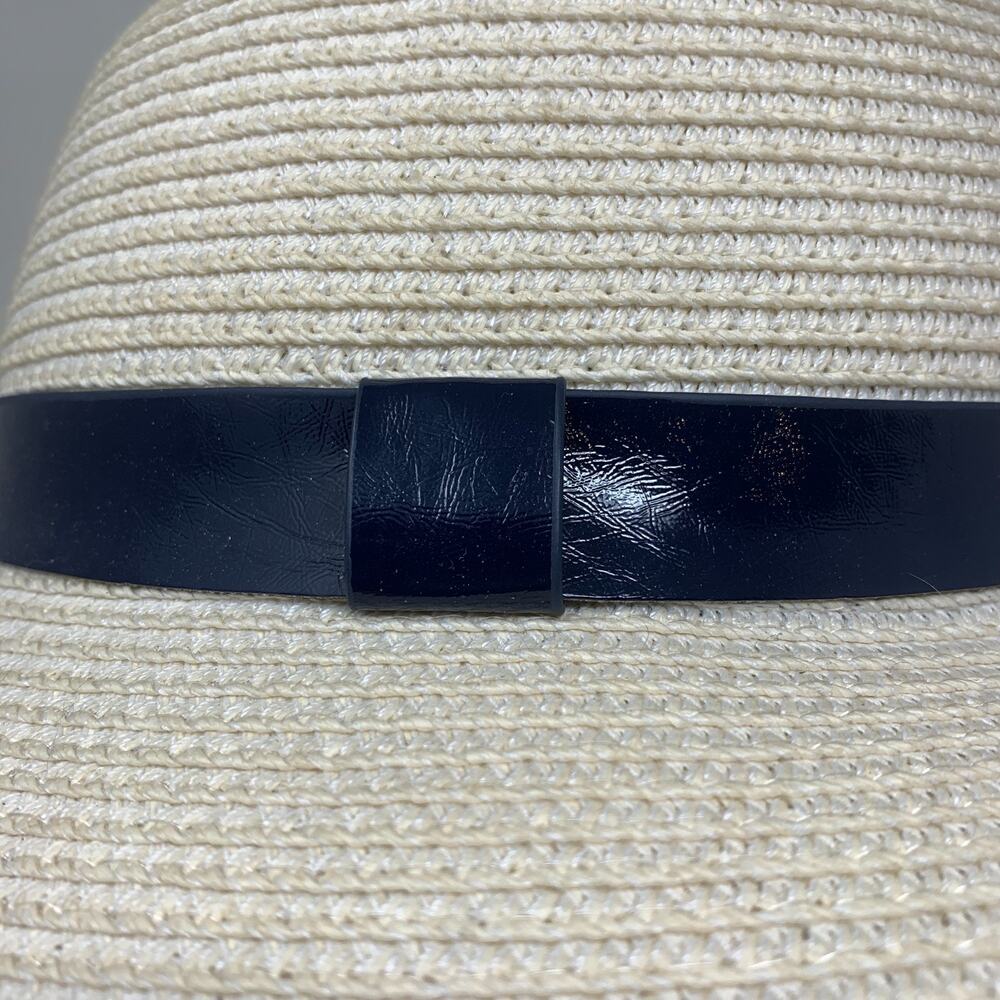 Global Glamour Raffia Hat White Tall Crown 3.5" Brim Navy Band O/S Adjustable - Picture 3 of 10